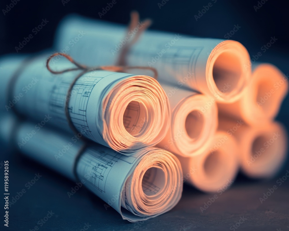 Poster a collection of rolled-up blueprints tied with twine, creating a warm, inviting atmosphere with soft