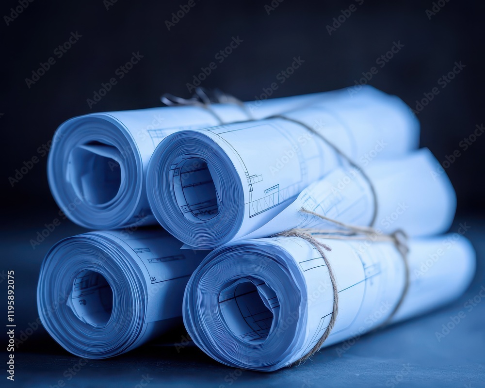 Aufkleber a stack of rolled blueprints bound with twine, showcasing architectural plans and designs in a moody