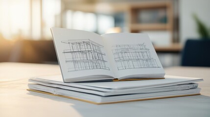 Obraz premium A notebook with sketches lies open on a stack of papers, illuminated by sunlight in a bright, modern workspace.