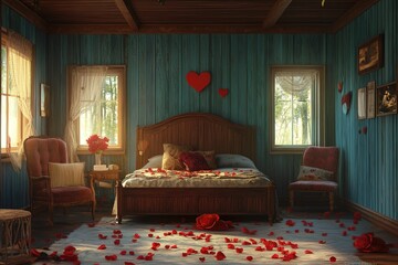 love and valentine's day inspired room bedroom, idea inspirational interior architectural design mattepainting with wood