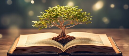 an open book with tree growing out of it