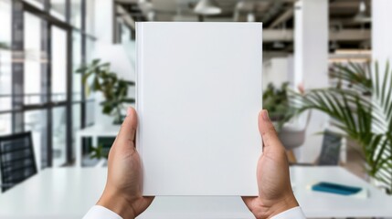 A person is holding a white book in their hand