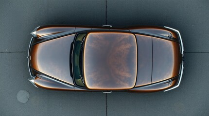 Overhead view of a classic car with a unique bronze paint job, parked on asphalt. The car's design is sleek and stylish.