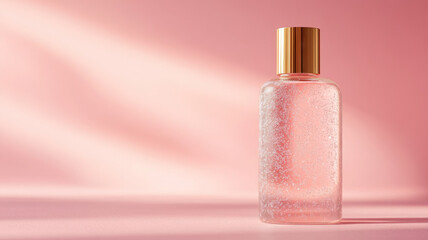 Perfume bottle on a pink background with soft lighting.