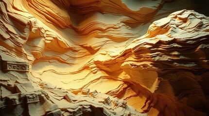 Layered sandstone formations create a dramatic, textured landscape. Warm light illuminates the intricate details of the rock formations, creating a captivating scene.