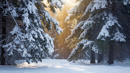 Dense Pine Forest Blanketed in Fresh Snow with Sagging Branches, Pristine Snow, and Soft Rays of Sunlight Casting a Peaceful Glow