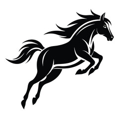 horse jumping, silhouette stencil of horse running jump, equestrian vector illustration, black horse racing design, 
isolated wild horse graphic, jumping animal symbol  
