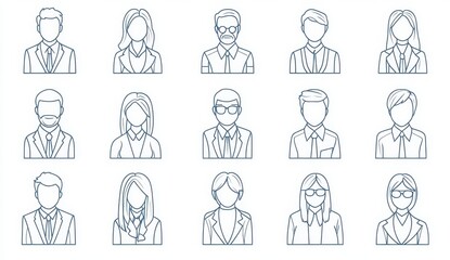 Set of simple line art icons for avatars, office worker people icon set, with male and female figures in different hairstyles, using a light blue-grey color palette on a white background Generative AI