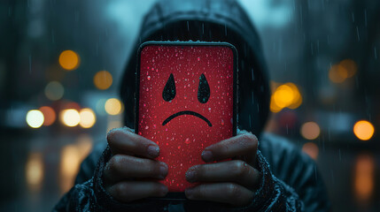 Young person holding a mobile phone showing a depressed sad emoji icon, depressing dark weather