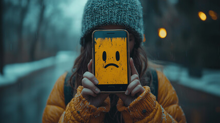 Young person holding a mobile phone showing a depressed sad emoji icon, depressing dark weather