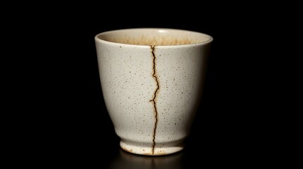 off-white ceramic cup with a prominent vertical crack