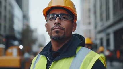 A construction worker wearing a yellow helmet and safety vest stands confidently at an urban construction site.