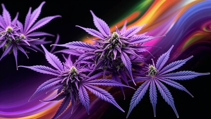 A close-up depiction of vibrant purple cannabis leaves, showcasing the rich hues and intricate details of the plant’s structure, capturing the natural beauty and complexity of this unique botanical sp