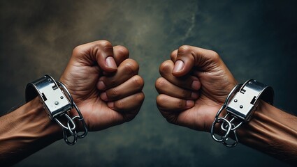  A close-up of two handcuffed hands, wrists bound together with steel cuffs, symbolizing restraint and constraint, capturing the stark contrast between human vulnerability and the coldness of the meta