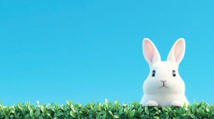 A white rabbit is standing on a green grassy field