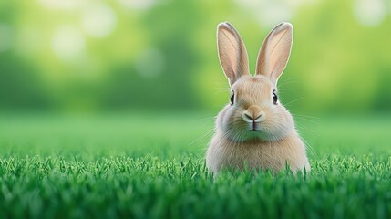 Fototapeta premium A rabbit is standing in a green field