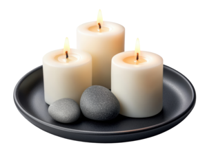 Isolated Three Burning Candles and Gray Stones