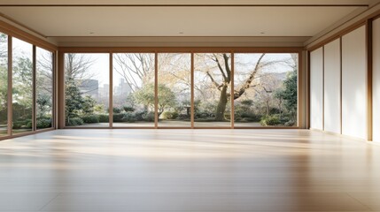 A serene 3D illustration of a traditional Japanese-style dojo with wooden floors and large windows overlooking a tranquil garden scene.