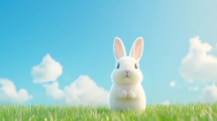 A white rabbit is standing in a field of grass