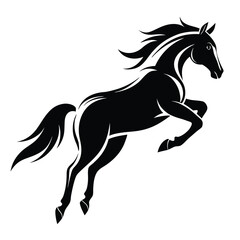 horse jumping, silhouette stencil of horse running jump, equestrian vector illustration, black horse racing design, 
isolated wild horse graphic, jumping animal symbol  
