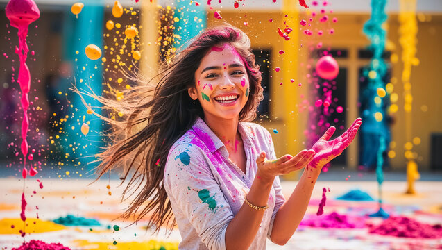 Portrait of happy emotional young woman in colorful paints outdoor, holi festival