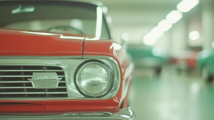 A vintage car shop featuring classic cars with a cinematic atmosphere. The focus is on a red classic car's sleek design, capturing nostalgia and elegance.