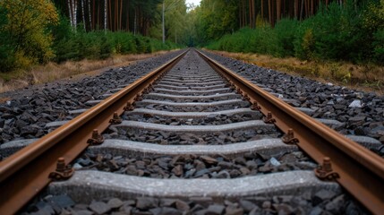 The train tracks are made of metal and rocks