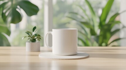 A white coffee mug sits on a wooden table in a bright setting, next to a small potted plant with blurred greenery in the background.