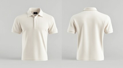 Naklejka premium A mockup of blank, white polo T-shirts displayed from the front and back, set against a neutral background.