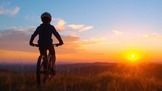 A person is riding a bike in a field with a beautiful sunset in the background