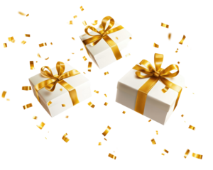 Isolated Three White Gift Boxes with Gold Ribbons and Confetti