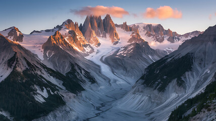 Rugged Mountain Range at Dawn with Jagged Snow-Covered Peaks, Green Conifers, and a Winding River, Bathed in Soft Orange and Pink Light