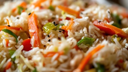 Close-up of rice with fresh Asian-style salad. Featuring shredded cabbage, carrots, and bell peppers with sesame dressing, served over rice. Emphasizing a crunchy, fresh dish. Ideal for salad recipes.
