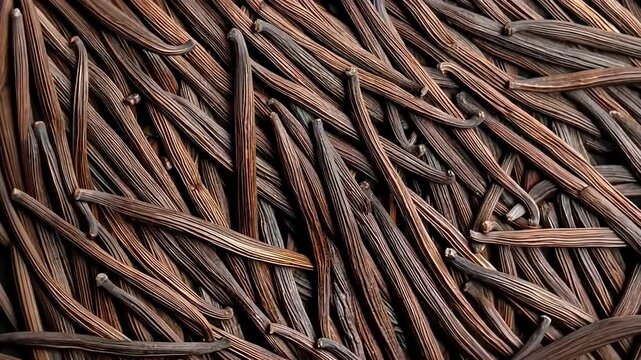A close-up of dried vanilla beans showcasing a textured pattern, ideal for culinary and seasonal holiday themes