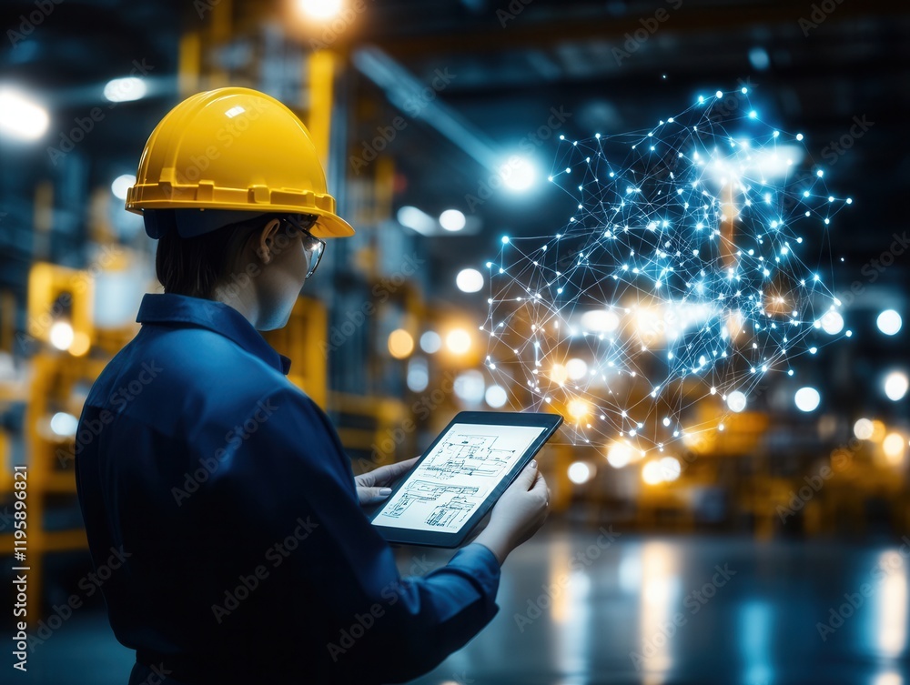 Poster engineer holding tablet analyzing network connectivity in factory