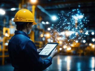 Engineer holding tablet analyzing network connectivity in factory