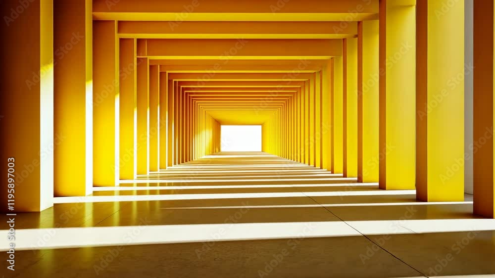 Poster bright yellow architectural tunnel leading to a light-filled exit with structured geometric lines in