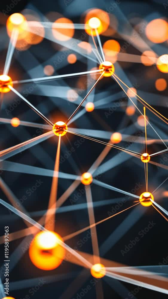 Poster network of glowing orange spheres connected by white lines showcasing complex systems and interactio