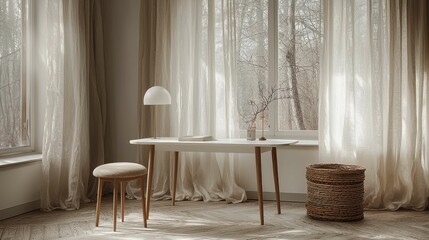 A minimalist Scandinavian workspace featuring a light wooden desk, a soft stool, and natural light through sheer curtains, creating a cozy atmosphere.