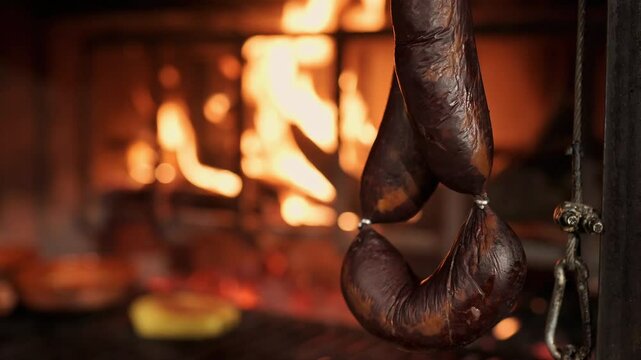 Slow motion shot of two black puddings grilling in a fireplace