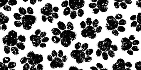 Paw print crayon seamless pattern, cat or dog foot charcoal design, animal doodle sketch background. Pet step grunge texture. Bear, panda, tiger stamp foot track wallpaper. Cartoon vector illustration © Sylfida
