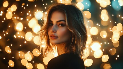 Stylish portrait of fashionable woman with fairy light bokeh