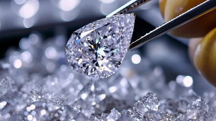 Shimmering diamond being carefully held with tweezers above a bed of smaller gems in a well-lit setting