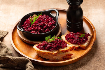 Beet or beetroot Caviar sandwich, bread and roasted vegetable toast.