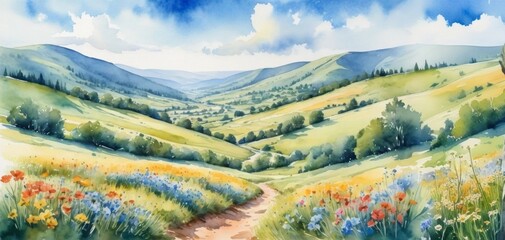 Scenic watercolor illustration showcasing vibrant wildlife and lush meadows in a national park during a bright day