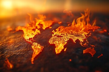 World map burning in flames at sunset, global warming and climate change