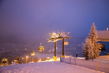illuminated ski slope at night