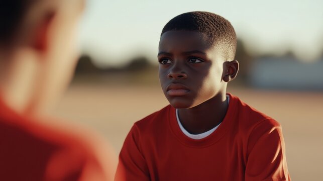 A focused young boy in a red shirt gazes intently at something or someone off-frame, set against a softly blurred outdoor background.