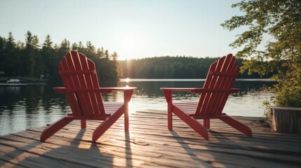 Two red Adirondack chairs sit peacefully on a wooden dock, overlooking a tranquil lake during sunrise, surrounded by lush trees and a serene atmosphere.