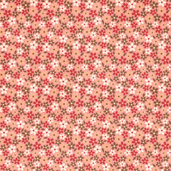 Retro seamless floral pattern with pink, red, and white flowers on warm plaid background. Vintage fabric-style design for quilting, stationery, and décor.